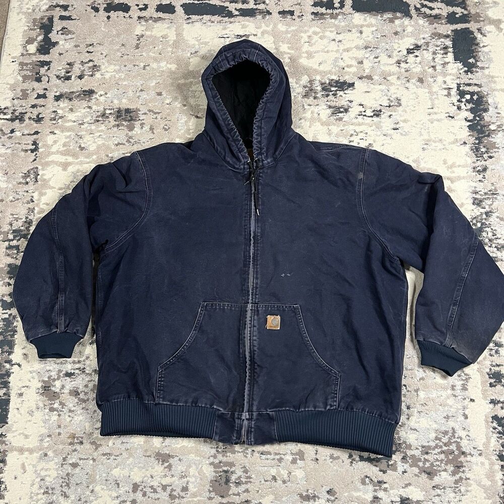 Vintage Carhartt Jacket Mens 3XL Tall Navy Hooded Canvas Lined Work J130 MDT